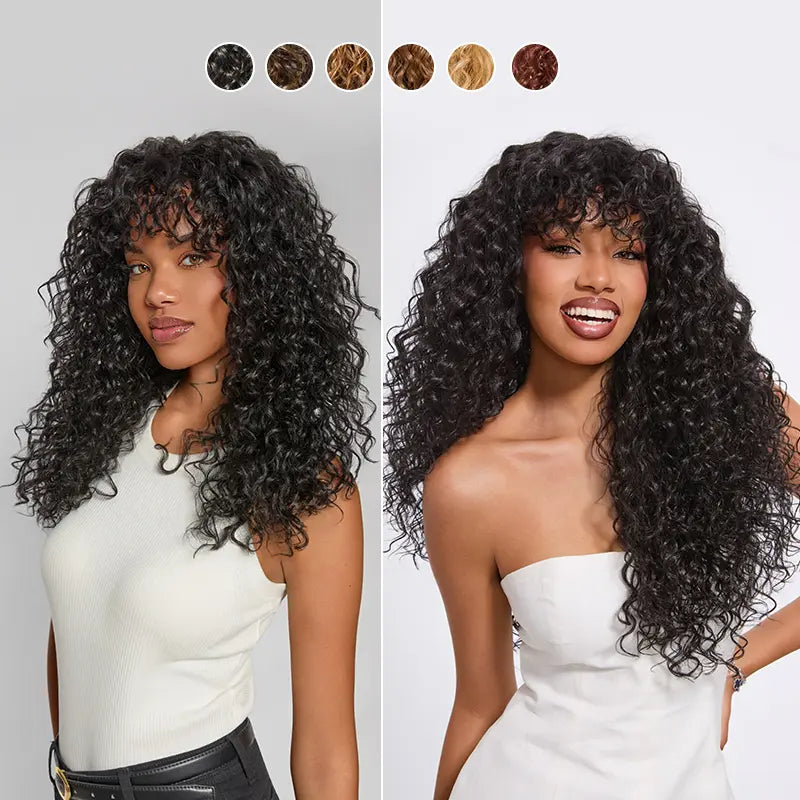 Boho Curly Blend Human Hair Wig with Bangs Effortless Shaggy Waves Ready To Wear