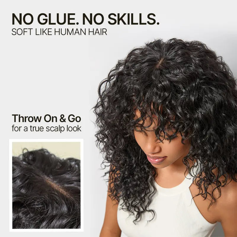 Boho Curly Blend Human Hair Wig with Bangs Effortless Shaggy Waves Ready To Wear