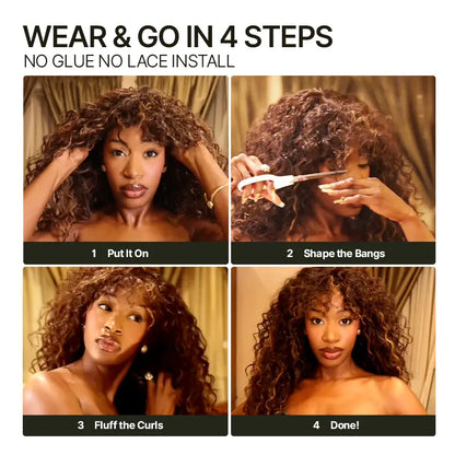 Boho Curly Blend Human Hair Wig with Bangs Effortless Shaggy Waves Ready To Wear