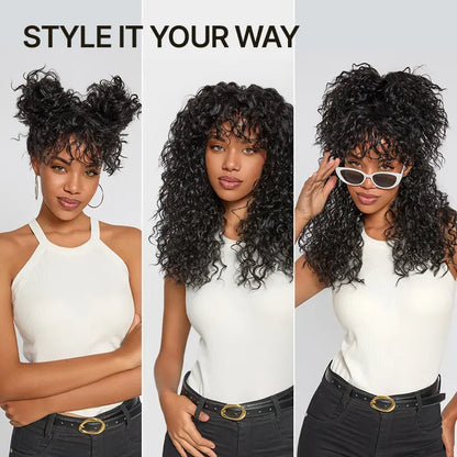 Boho Curly Blend Human Hair Wig with Bangs Effortless Shaggy Waves Ready To Wear