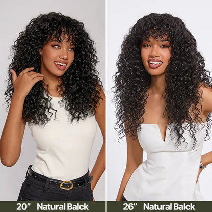 Boho Curly Blend Human Hair Wig with Bangs Effortless Shaggy Waves Ready To Wear