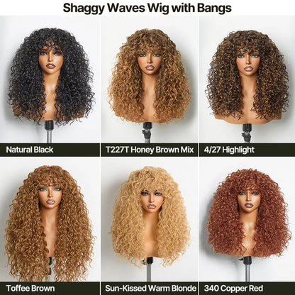 Boho Curly Blend Human Hair Wig with Bangs Effortless Shaggy Waves Ready To Wear