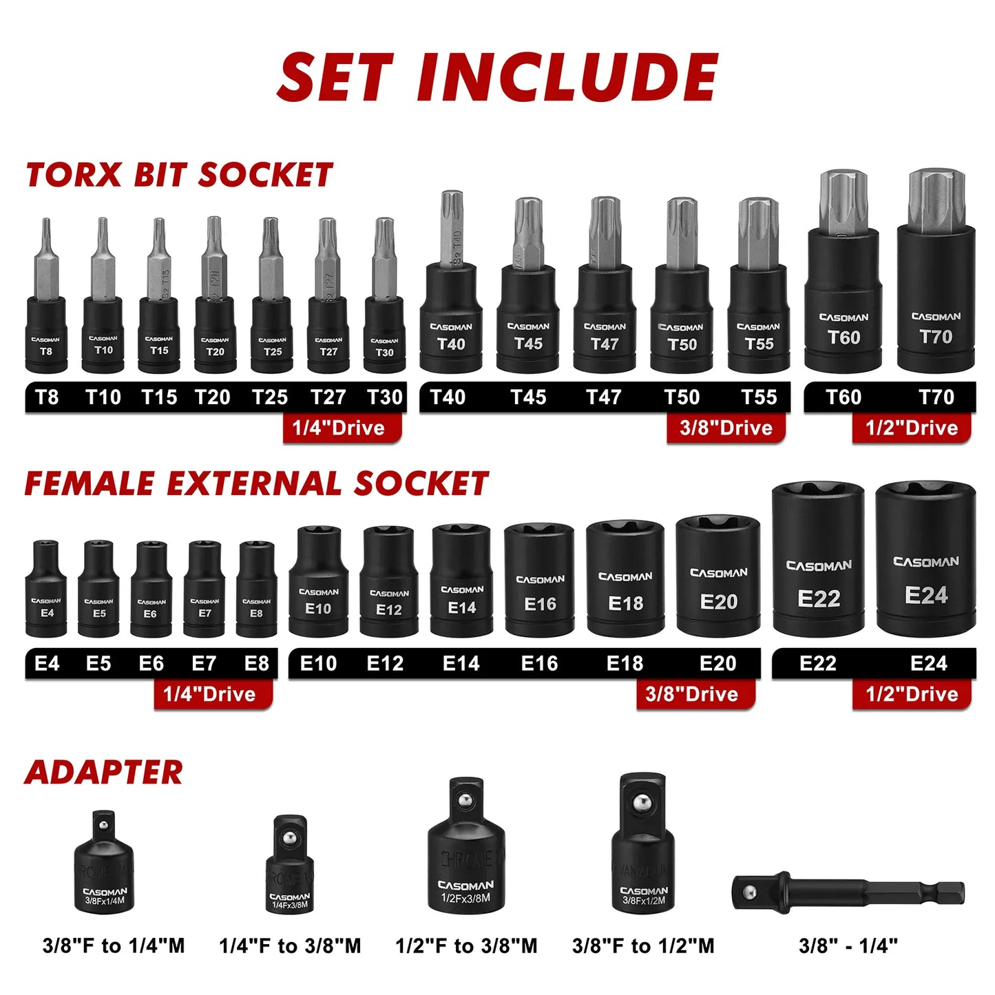 32-Piece Torx Bit Socket Set T8-T70 E-Torx Socket Set with Impact Socket Adapters