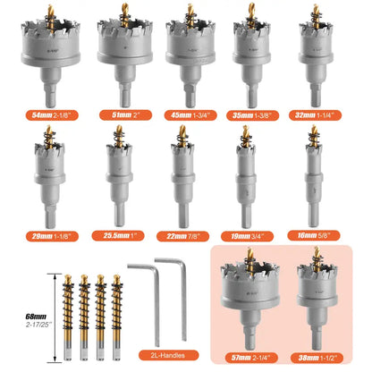 TCT Carbide Hole Saw Kit 5/8"-2-1/4" Metal Hole Cutter Set for Stainless Steel Iron Copper Brass