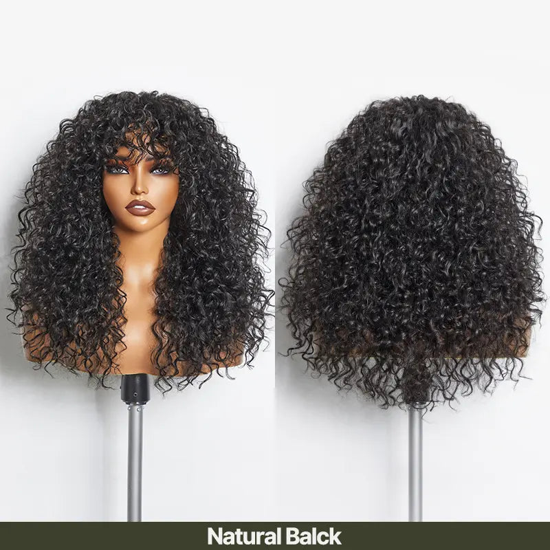 Boho Curly Blend Human Hair Wig with Bangs Effortless Shaggy Waves Ready To Wear