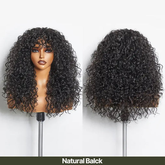 Boho Curly Blend Human Hair Wig with Bangs Effortless Shaggy Waves Ready To Wear