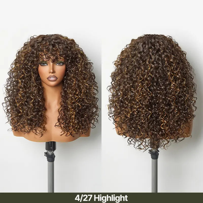 Boho Curly Blend Human Hair Wig with Bangs Effortless Shaggy Waves Ready To Wear