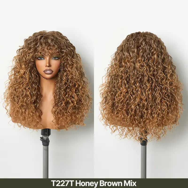 Boho Curly Blend Human Hair Wig with Bangs Effortless Shaggy Waves Ready To Wear