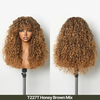 Boho Curly Blend Human Hair Wig with Bangs Effortless Shaggy Waves Ready To Wear
