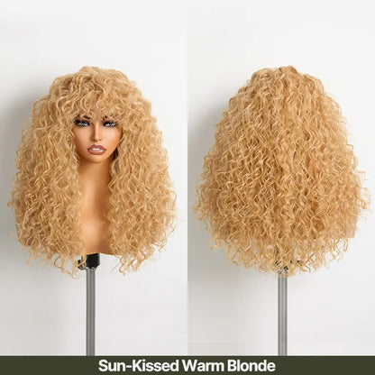 Boho Curly Blend Human Hair Wig with Bangs Effortless Shaggy Waves Ready To Wear