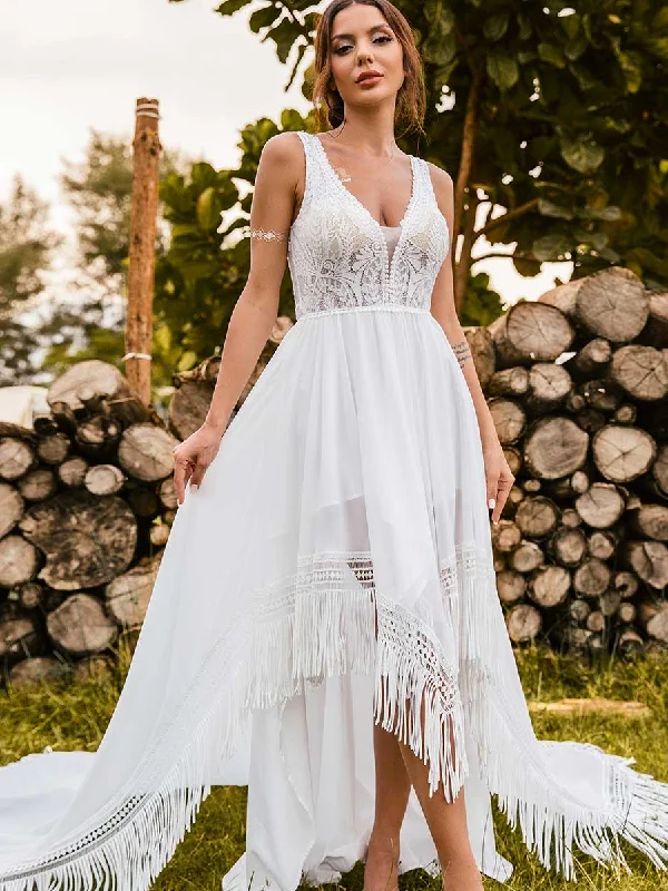 Boho High low Country Wedding Dresses V-neck A line Fringe