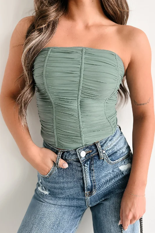 Irresistible Beauty Ruched Strapless Top (Sage)