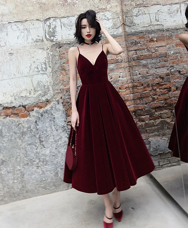 Simple Burgundy Tea Length Prom Dress, Burgundy Bridesmaid Dress