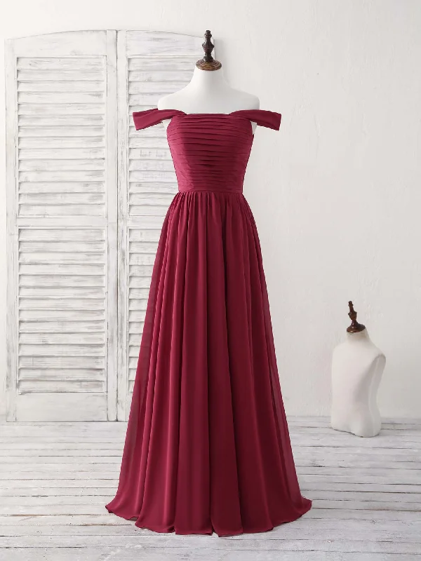 Burgundy Chiffon Off Shoulder Long Prom Dress Burgundy Bridesmaid Dress