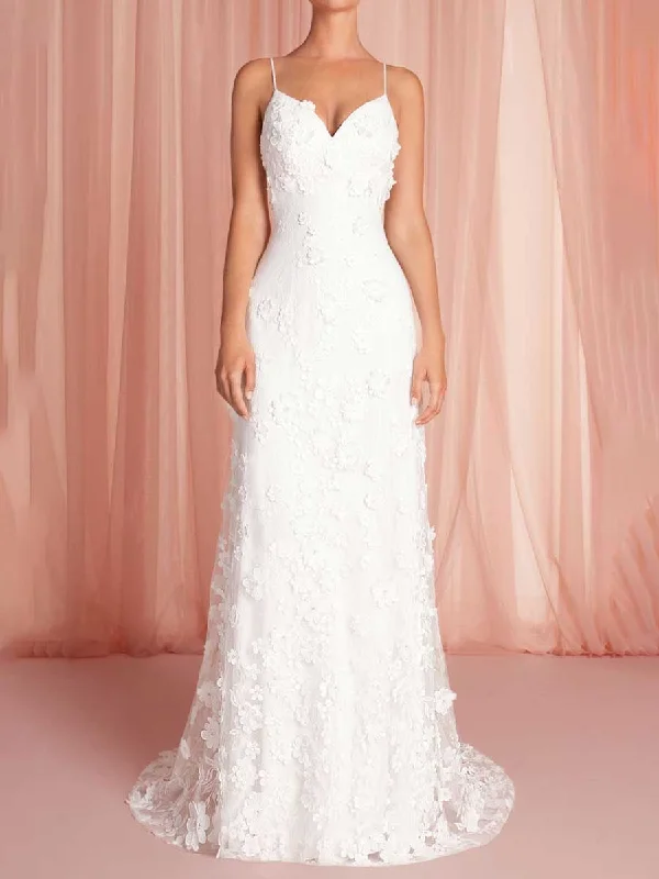 Flower Embroidered Wedding Dress V-Neck A-Line Applique