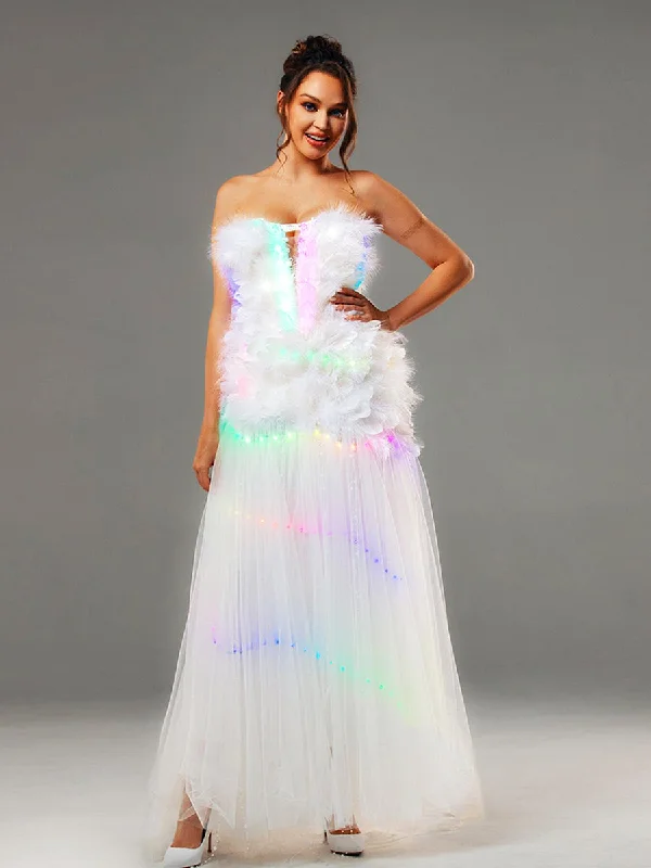 Strapless A Line Wedding Dress Feather With LED Lights Up