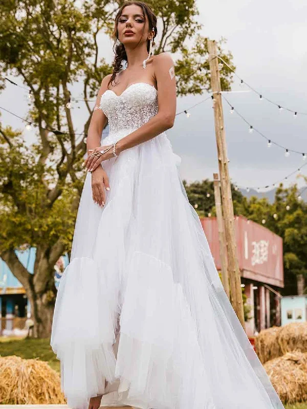 High Low Country Wedding Dress A-line Tulle Strapless