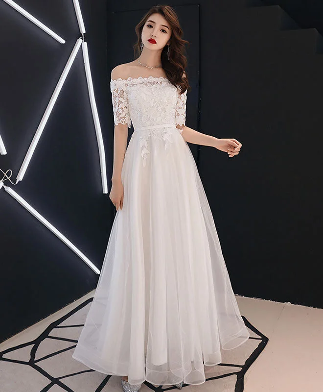 White Lace Tulle Long Prom Dress, White Tulle Lace Bridesmaid Dress