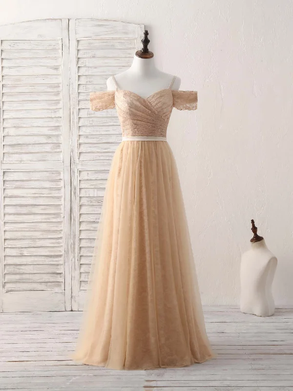 Champagne Tulle Long Bridesmaid Dress, Champagne Prom Dresses