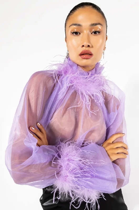 NICE TO MEET YOU FEATHER TRIM LONG SLEEVE ORGANZA BLOUSE