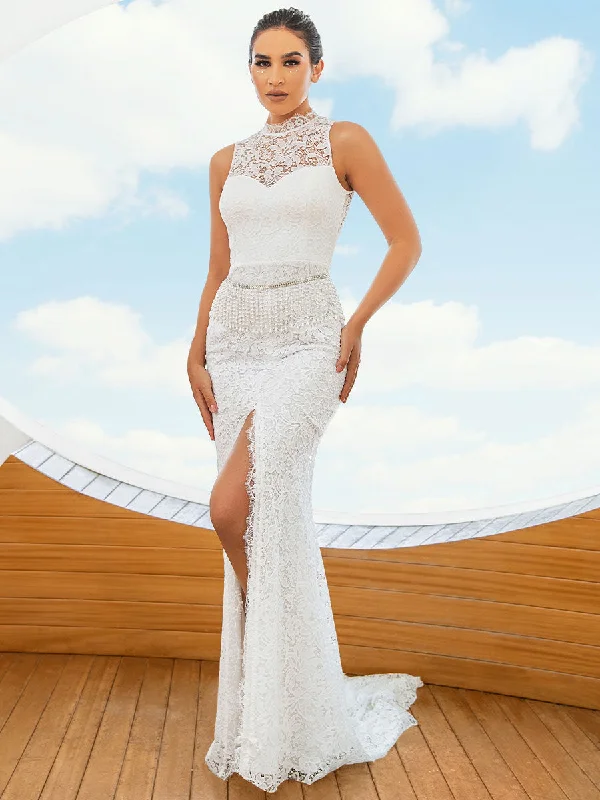 High Neck Mermaid Wedding Dress With Tasseled Pearl Waist Chain