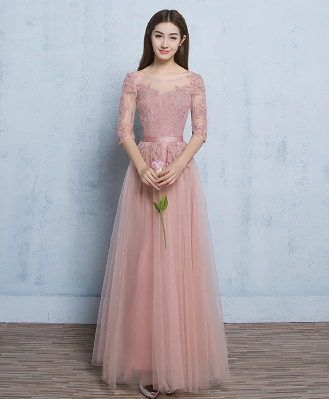 Pink Round Neck Tulle Lace Long Prom Dress, Pink A-Line Bridesmaid Dress