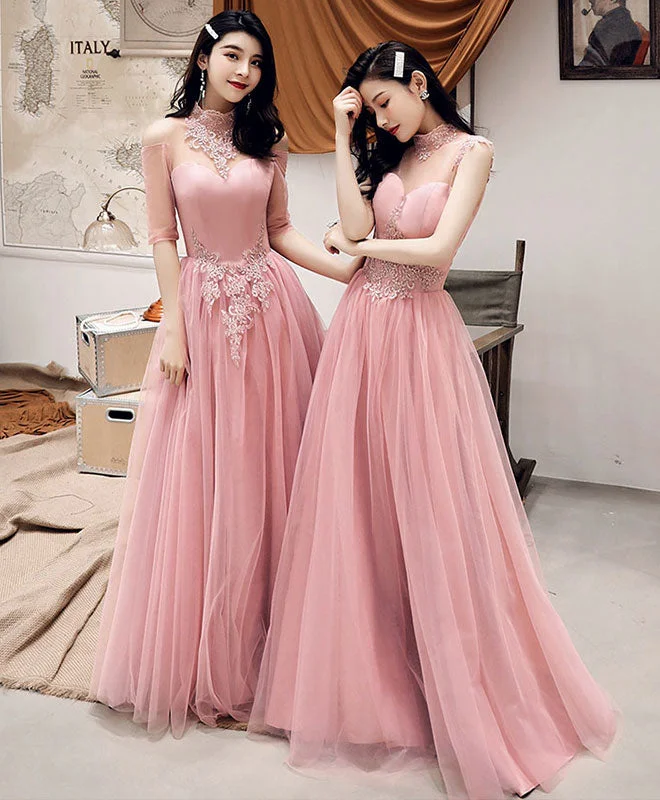 Pink Tulle Lace Long Prom Dress, Pink Tulle Lace Bridesmaid Dress