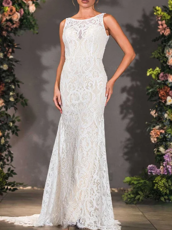 Column Lace Wedding Dress Sleeveless Open Back