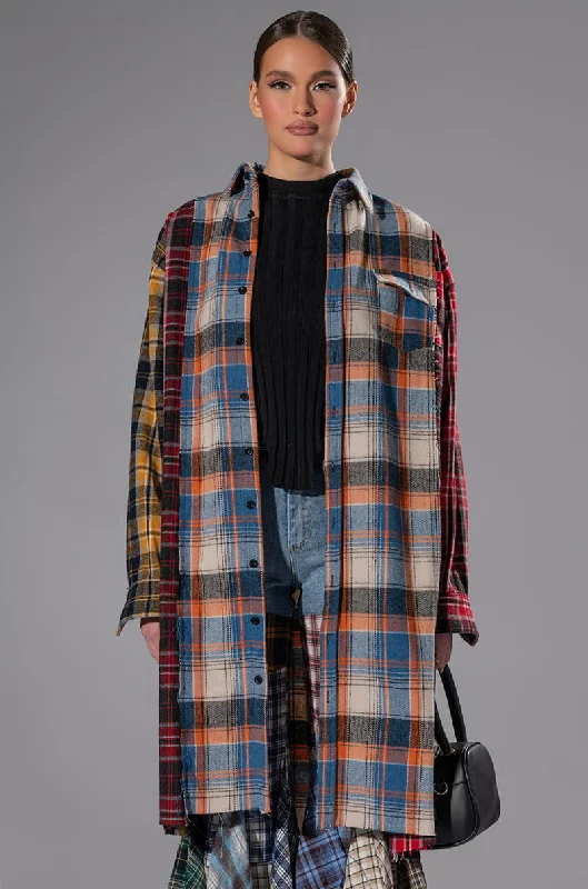 GRUNGE GIRL MIXED PATCHWORK OVERSIZED LONG PLAID TOP