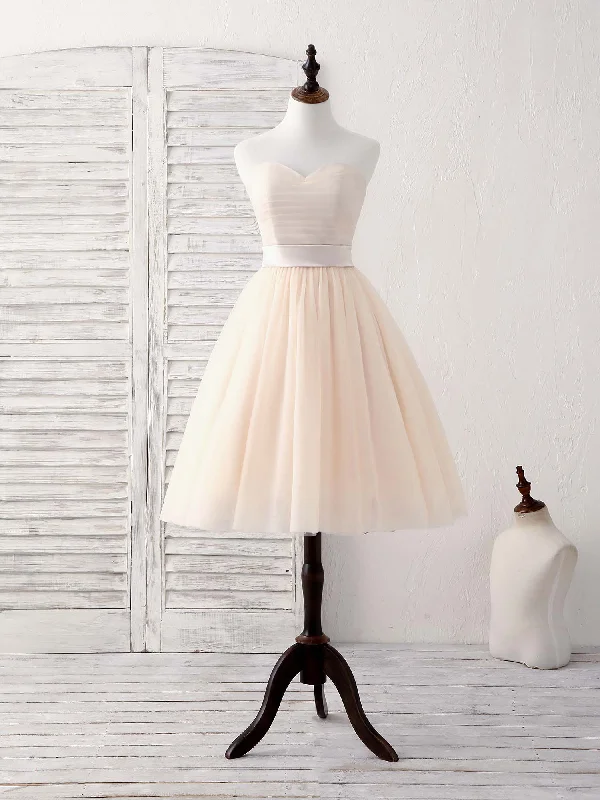 Simple Sweetheart Tulle Short Prom Dress Champagne Bridesmaid Dress