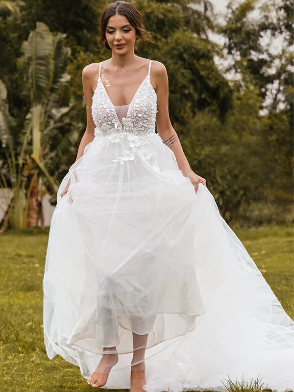 Deep V Neck A line Wedding Dress Country Princess Tulle