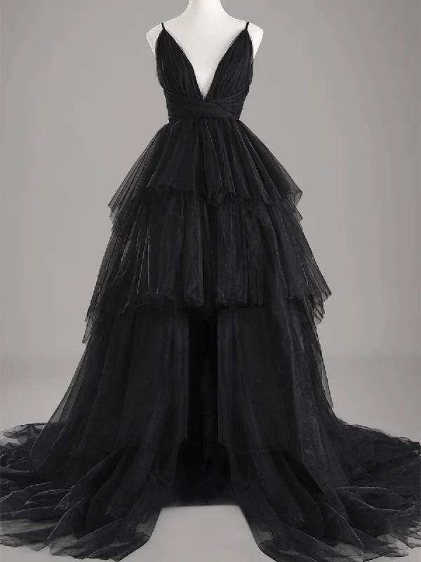 Black Halter Wedding Dress V-Neck A-Line Tulle Gowns