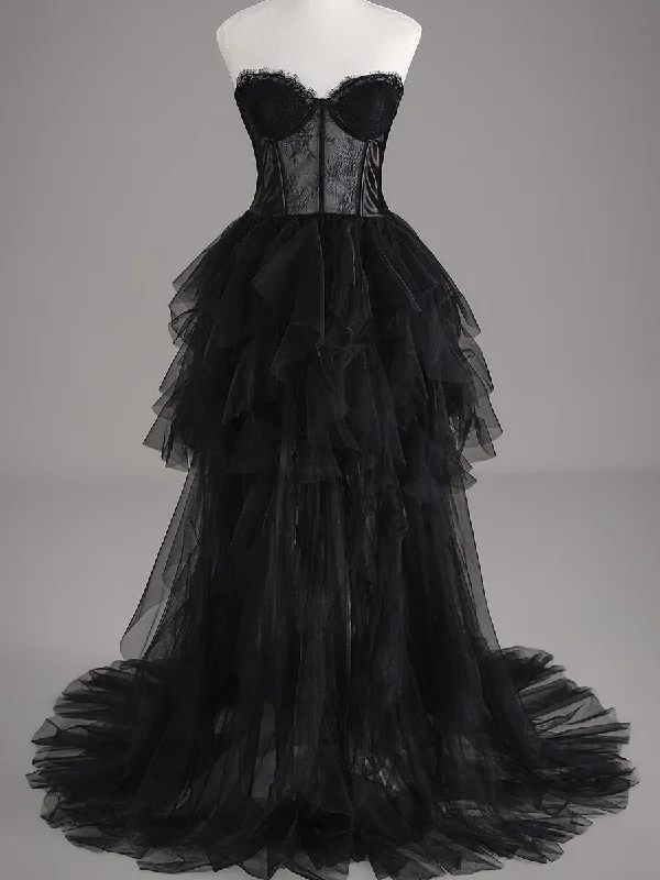 Black Strapless Wedding Dress A-line Tulle Affordable Gowns