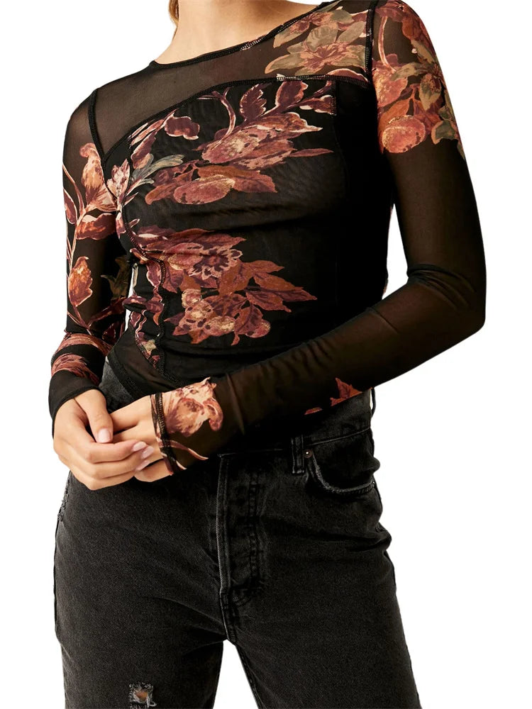 FashionSierra - Mesh See Through Slim Fit Floral Print Long Sleeve O-Neck for Spring Summer Streetwear Tee