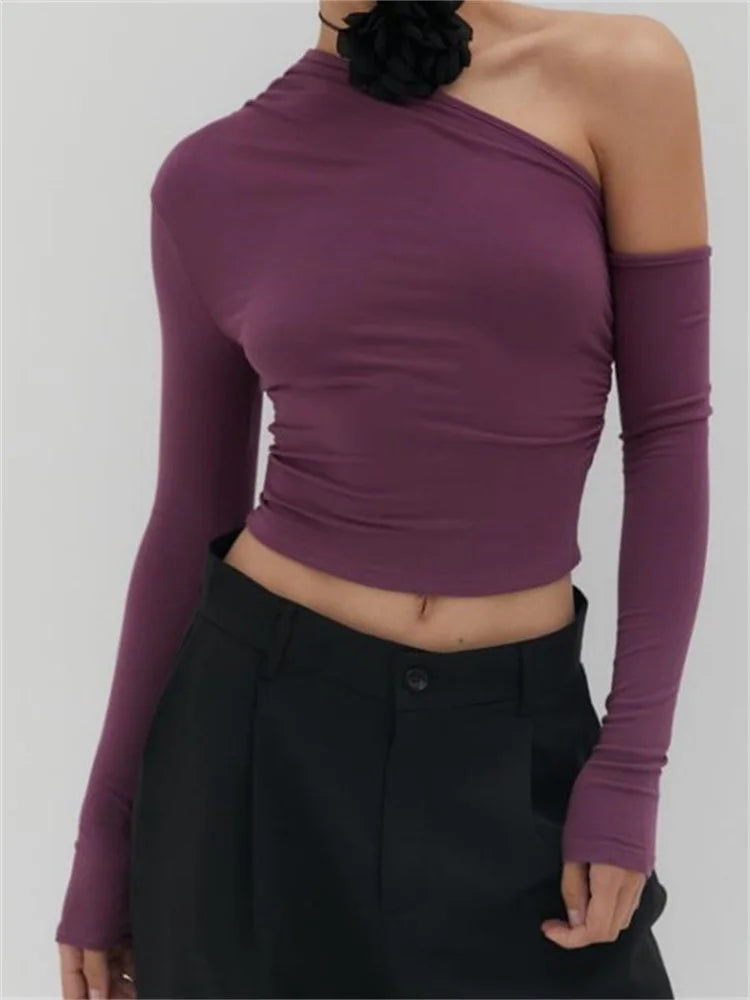 FashionSierra - Sexy Solid Color Cropped Off Shoulder Long Sleeve Spring Fall Slim Fit Clubwear Tee