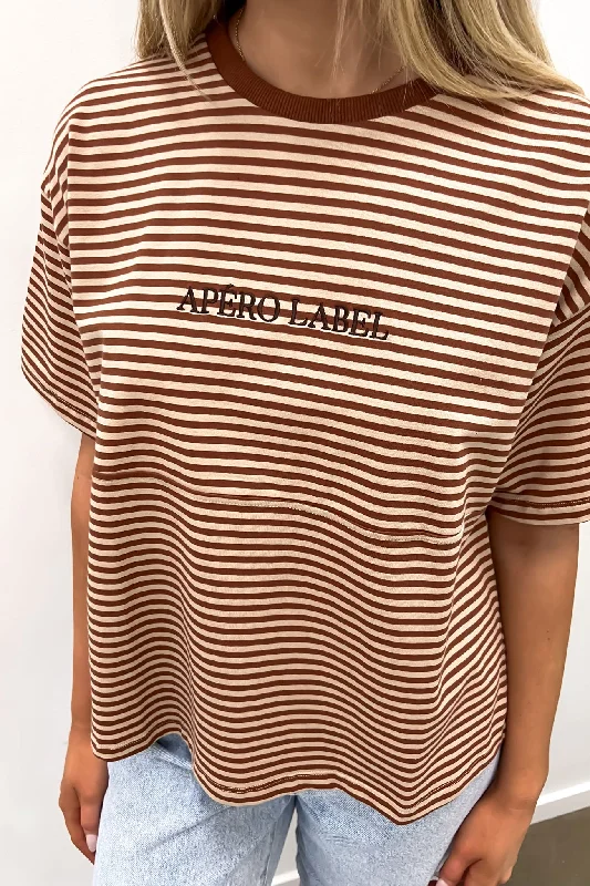 Vintage Drop-Shoulder Cropped Tee Brown Tan Stripe