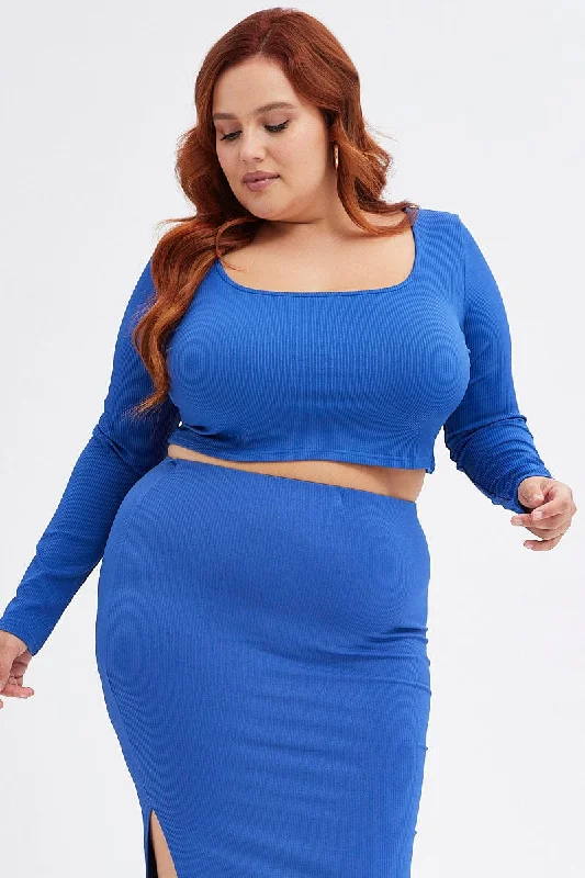 Blue Scoop Neck Top Rib Jersey Seamless Look