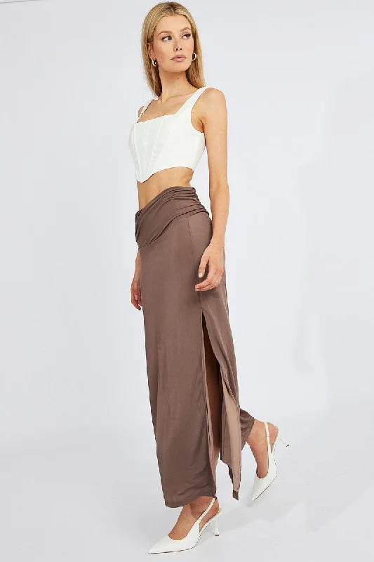 Brown Maxi Skirt Asymmetric Hem