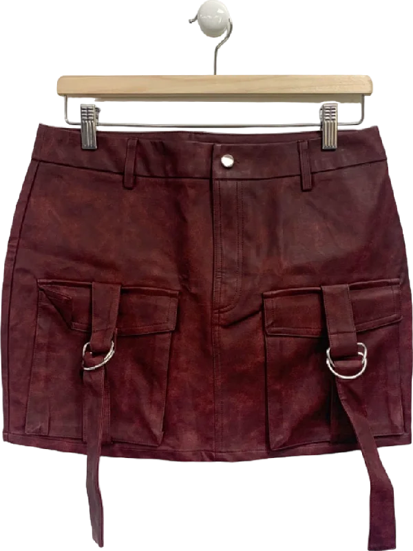 Pretty Little Thing Oxblood Washed Faux Leather Pocket Cargo Mini Skirt UK 10