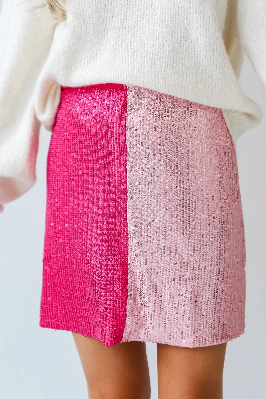 FINAL SALE - Ready To Sparkle Fuchsia Color Block Sequin Mini Skirt