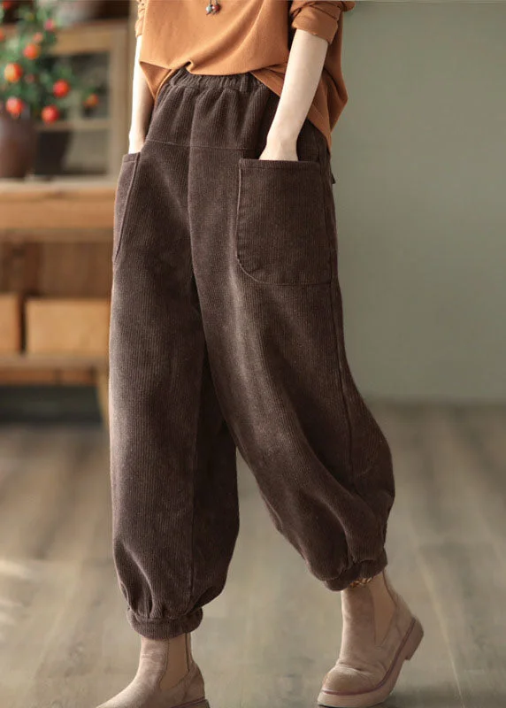 Coffee Patchwork Warm Fleece Harem Pants Elastic Waist Pockets Winter