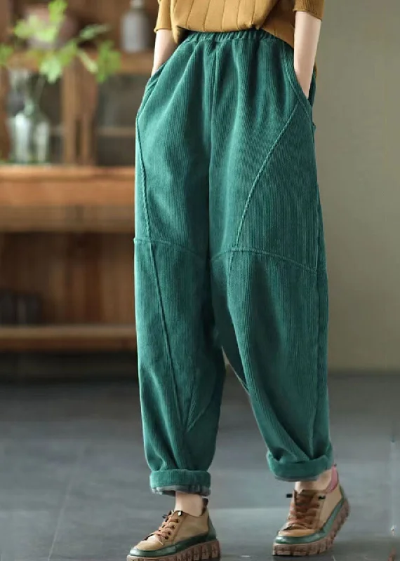 Diy Green Elastic Waist Patchwork Corduroy Harem Pants Winter