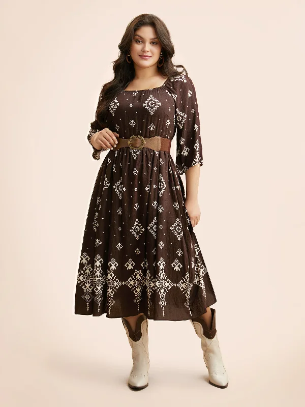 Boho Print Square Neck Shirred Dress