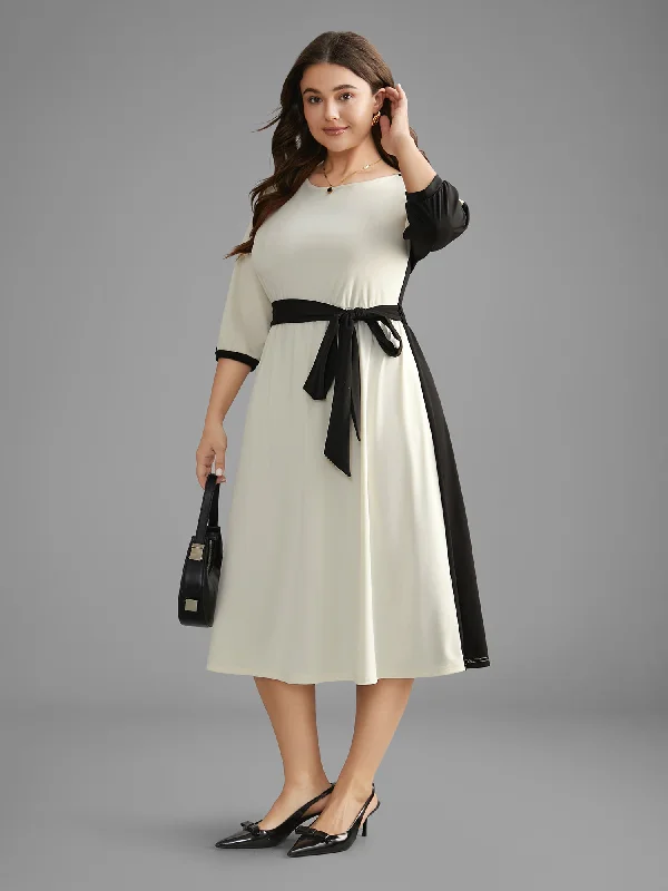 Contrast Patchwork Lantern Sleeve Belted Dress