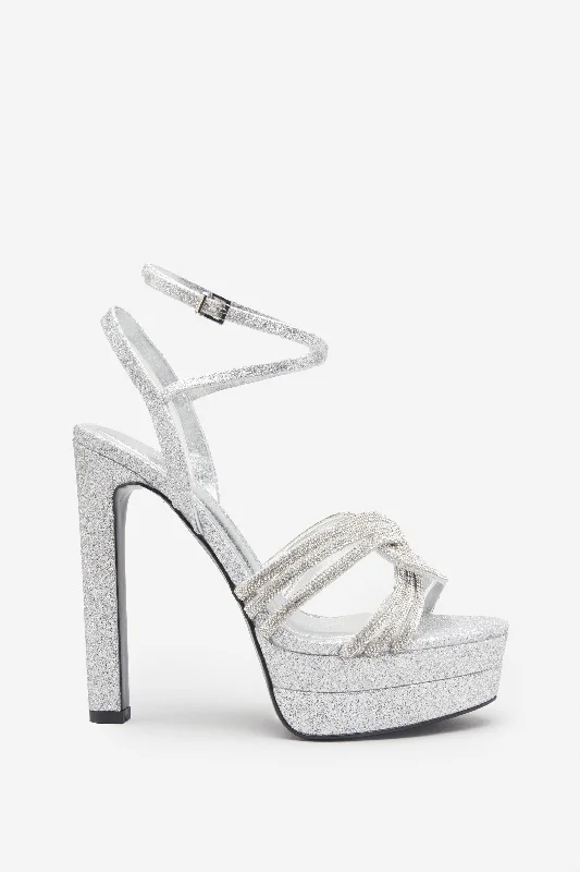 Doll Drama | Silver Glitter Diamante Strappy Platform Heels