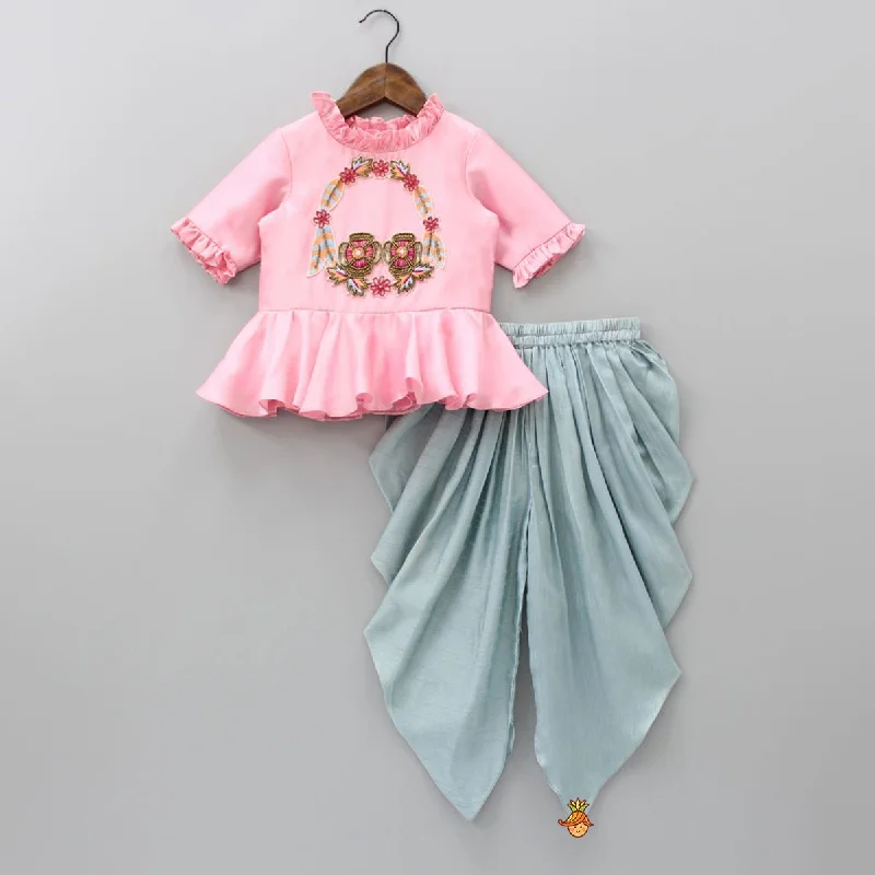 Flamingo Pink Embroidered Yoke Peplum Top And  Powder Blue Pleated Dhoti