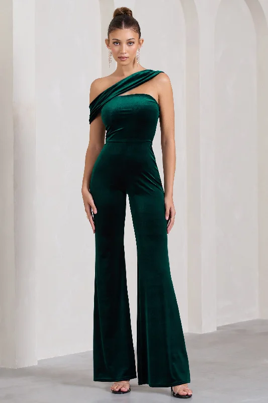 Georgia | Bottle Green Velvet Asymmetric Wide-Leg Jumpsuit