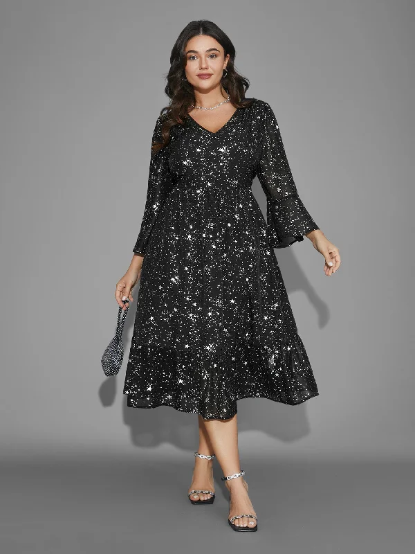 Glitter Star Flutter Sleeve Chiffon Dress