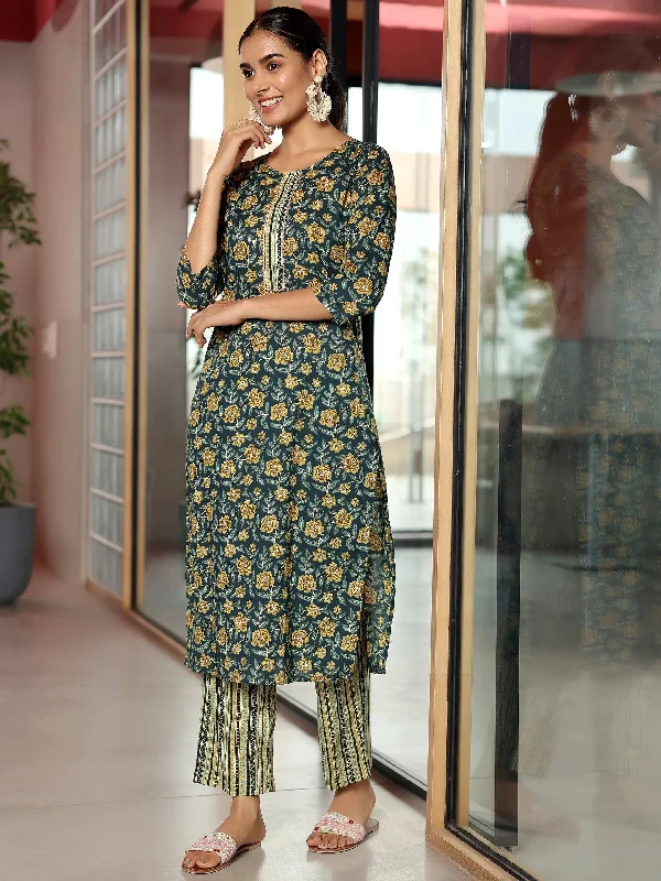 Green Printed Cotton Straight Kurta Set