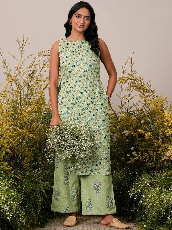 Green Printed Cotton Straight Kurta Set